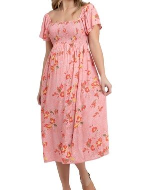 Ripe Pink Floral Midi Libby Smocked Maternity Dress